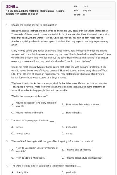 18 câu Tiếng Anh lớp 10 Unit 8: Making plans - Reading - Explore New Worlds có đáp án