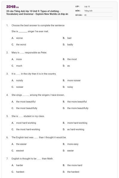 20 câu Tiếng Anh lớp 10 Unit 9: Types of clothing - Vocabulary and Grammar - Explore New Worlds có đáp án