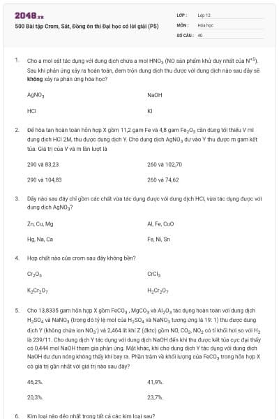 500 Bài tập Crom, Sắt, Đồng ôn thi Đại học có lời giải (P5)