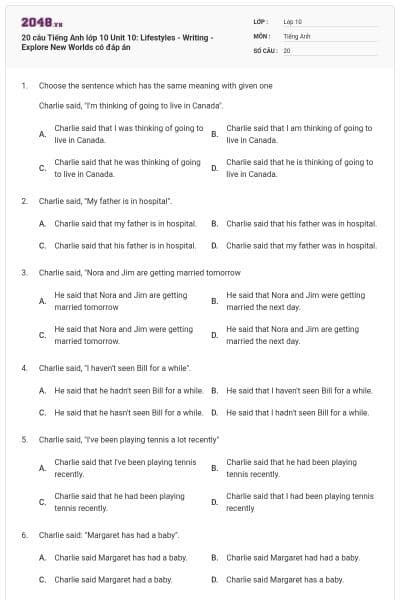 20 câu Tiếng Anh lớp 10 Unit 10: Lifestyles - Writing - Explore New Worlds có đáp án