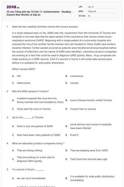 20 câu Tiếng Anh lớp 10 Unit 11: Achievements - Reading - Explore New Worlds có đáp án