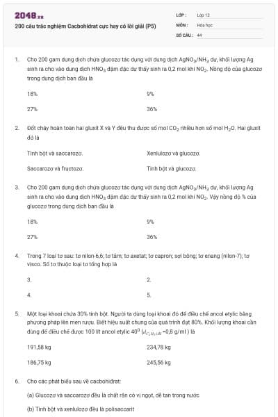 200 câu trắc nghiệm Cacbohidrat cực hay có lời giải (P5)