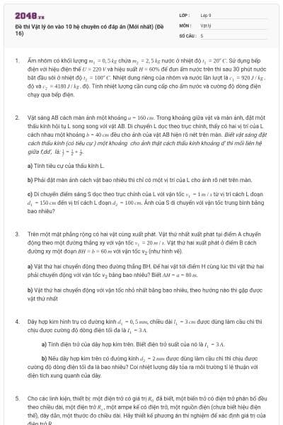 Đề thi Vật lý ôn vào 10 hệ chuyên có đáp án (Mới nhất) (Đề 16)