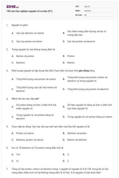 100 câu trắc nghiệm nguyên tử cơ bản (P1)