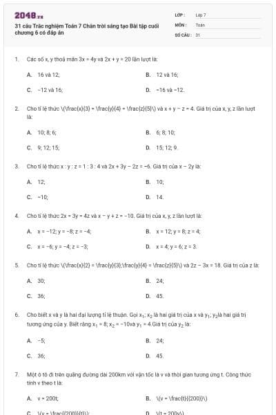 31 câu Trắc nghiệm Toán 7 Chân trời sáng tạo Bài tập cuối chương 6 có đáp án