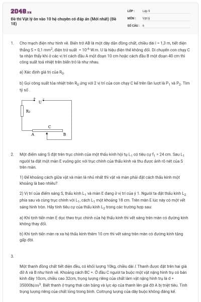 Đề thi Vật lý ôn vào 10 hệ chuyên có đáp án (Mới nhất) (Đề 18)