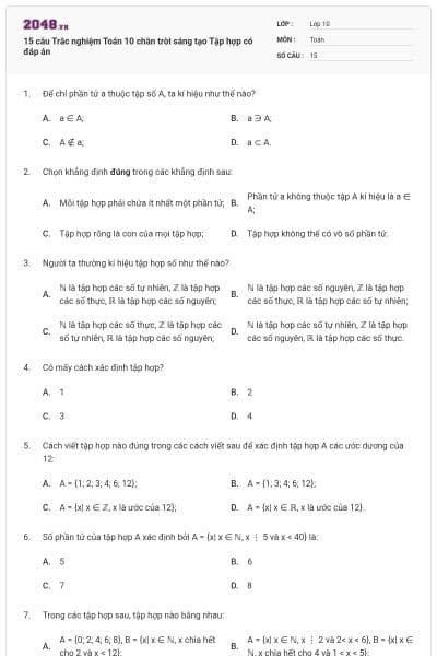 15 câu Trắc nghiệm Toán 10 chân trời sáng tạo Tập hợp có đáp án