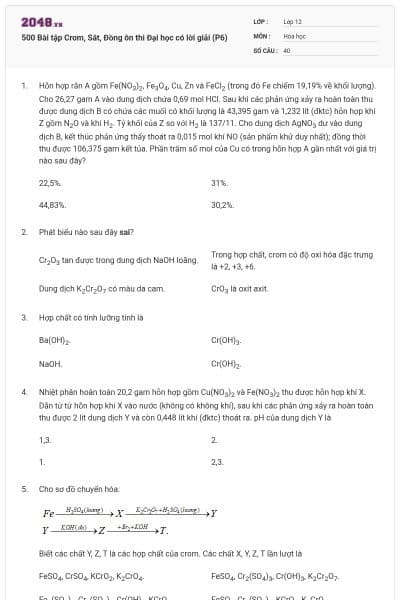 500 Bài tập Crom, Sắt, Đồng ôn thi Đại học có lời giải (P6)