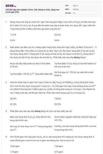225 Bài tập trắc nghiệm Crom, Sắt, Đồng cơ bản, nâng cao có lời giải (P6)