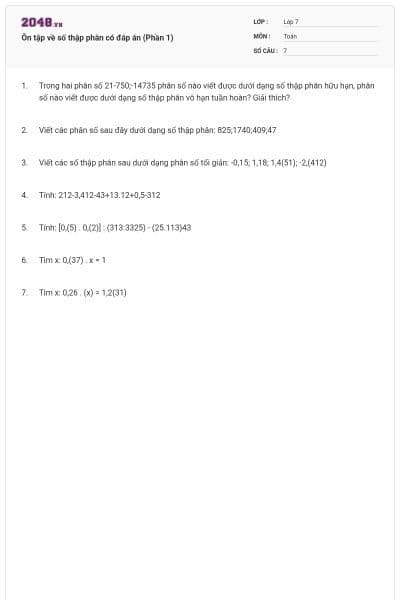 Ôn tập về số thập phân có đáp án (Phần 1)