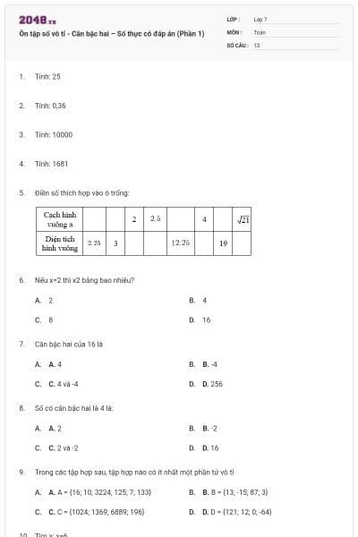 Ôn tập số vô tỉ - Căn bậc hai – Số thực có đáp án (Phần 1)