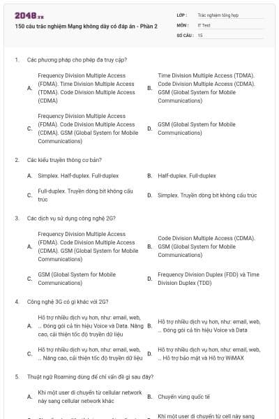 150 câu trắc nghiệm Mạng không dây có đáp án - Phần 2
