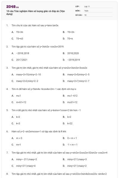10 câu Trắc nghiệm Hàm số lượng giác có đáp án (Vận dụng)