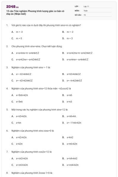 15 câu Trắc nghiệm Phương trình lượng giác cơ bản có đáp án (Nhận biết)