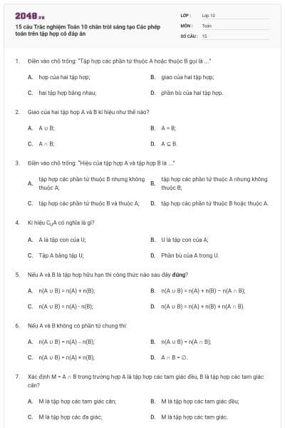 15 câu Trắc nghiệm Toán 10 chân trời sáng tạo Các phép toán trên tập hợp có đáp án