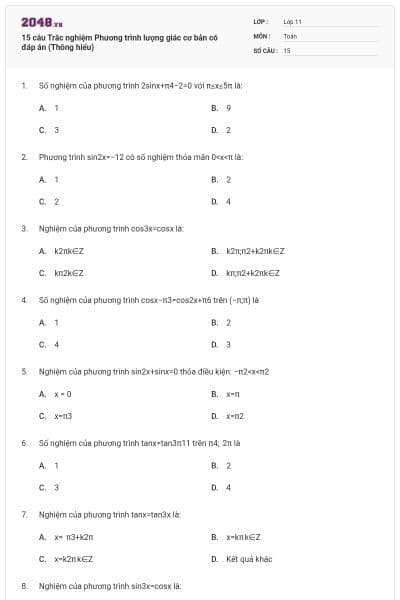 15 câu Trắc nghiệm Phương trình lượng giác cơ bản có đáp án (Thông hiểu)