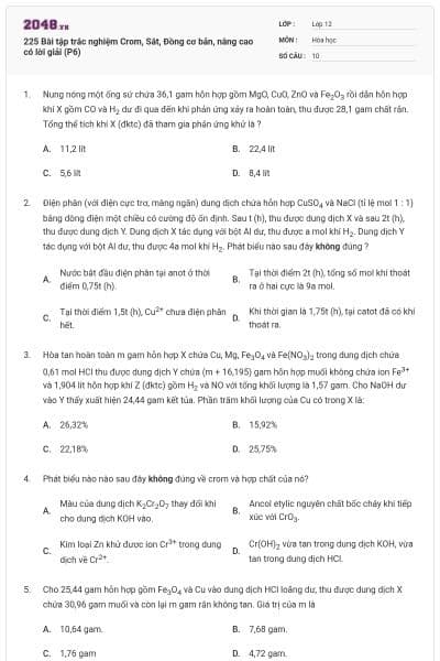 225 Bài tập trắc nghiệm Crom, Sắt, Đồng cơ bản, nâng cao có lời giải (P6)