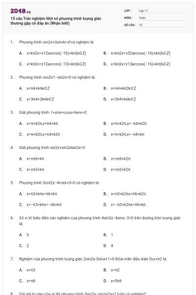 15 câu Trắc nghiệm Một số phương trình lượng giác thường gặp có đáp án (Nhận biết)
