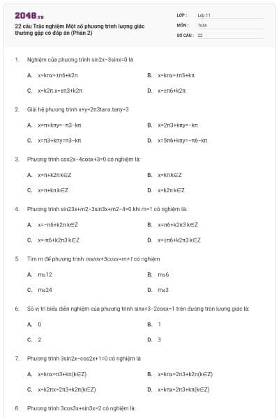 22 câu Trắc nghiệm Một số phương trình lượng giác thường gặp có đáp án (Phần 2)
