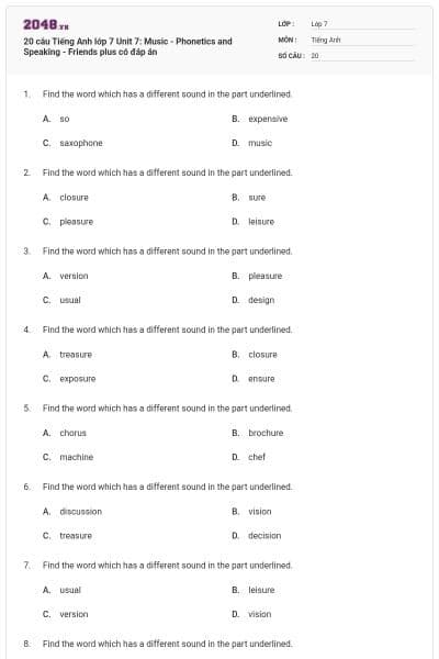 20 câu Tiếng Anh lớp 7 Unit 7: Music - Phonetics and Speaking - Friends plus có đáp án