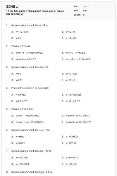 17 câu Trắc nghiệm Phương trình lượng giác cơ bản có đáp án (Phần 2)