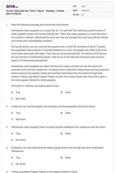 20 câu Tiếng Anh lớp 7 Unit 7: Music - Reading - Friends plus có đáp án