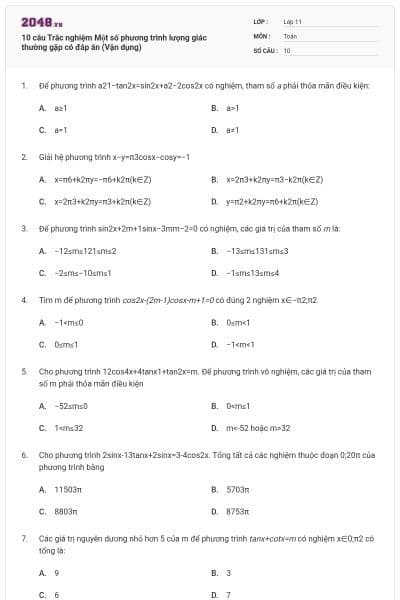 10 câu Trắc nghiệm Một số phương trình lượng giác thường gặp có đáp án (Vận dụng)