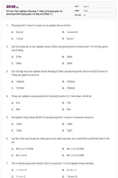 52 câu Trắc nghiệm Chương 1: Hàm số lượng giác và phương trình lượng giác có đáp án (Phần 1)