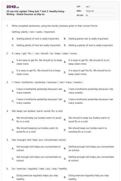 20 câu trắc nghiệm Tiếng Anh 7 Unit 2: Healthy living - Writing - Global Success có đáp án