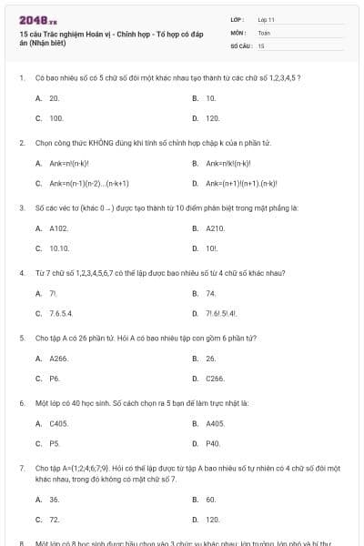 15 câu Trắc nghiệm Hoán vị - Chỉnh hợp - Tổ hợp có đáp án (Nhận biêt)