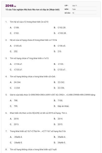 15 câu Trắc nghiệm Nhị thức Niu-tơn có đáp án (Nhận biết)