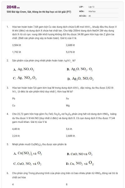 500 Bài tập Crom, Sắt, Đồng ôn thi Đại học có lời giải (P7)