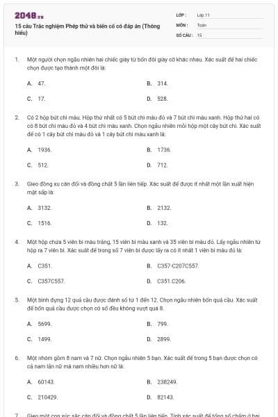 15 câu Trắc nghiệm Phép thử và biến cố có đáp án (Thông hiểu)