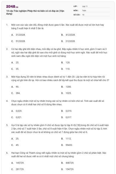 10 câu Trắc nghiệm Phép thử và biến cố có đáp án (Vận dụng)