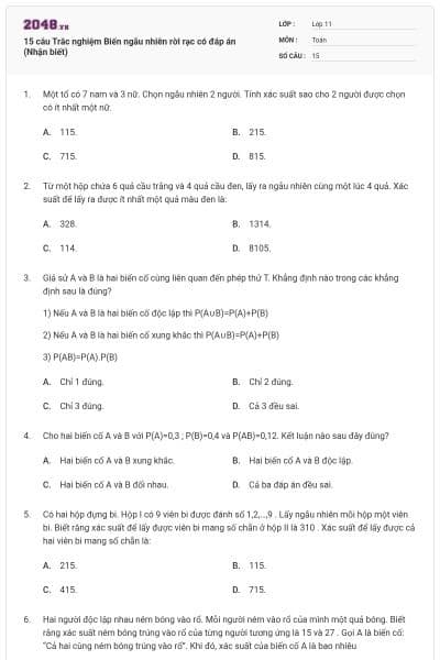 15 câu Trắc nghiệm Biến ngẫu nhiên rời rạc có đáp án (Nhận biết)