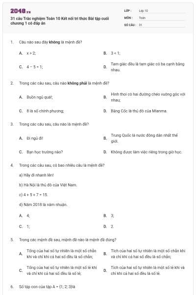 31 câu Trắc nghiệm Toán 10 Kết nối tri thức Bài tập cuối chương 1 có đáp án