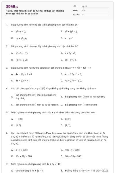 15 câu Trắc nghiệm Toán 10 Kết nối tri thức Bất phương trình bậc nhất hai ẩn có đáp án