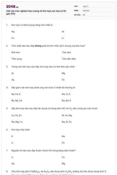 260 câu trắc nghiệm Đại cương về kim loại cực hay có lời giải (P5)