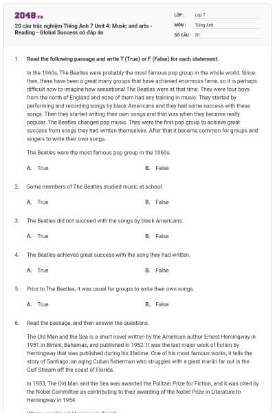 20 câu trắc nghiệm Tiếng Anh 7 Unit 4: Music and arts - Reading - Global Success có đáp án