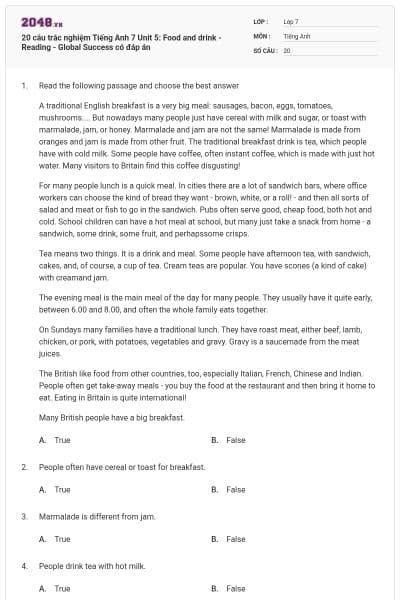 20 câu trắc nghiệm Tiếng Anh 7 Unit 5: Food and drink - Reading - Global Success có đáp án