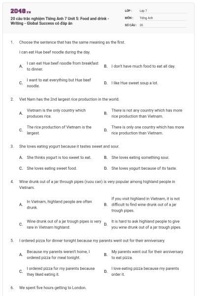 20 câu trắc nghiệm Tiếng Anh 7 Unit 5: Food and drink - Writing - Global Success có đáp án