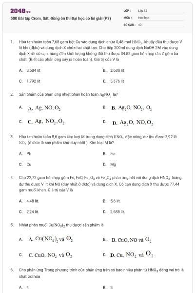 500 Bài tập Crom, Sắt, Đồng ôn thi Đại học có lời giải (P7)