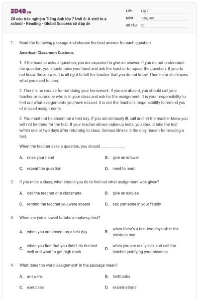 20 câu trắc nghiệm Tiếng Anh lớp 7 Unit 6: A visit to a school - Reading - Global Success có đáp án