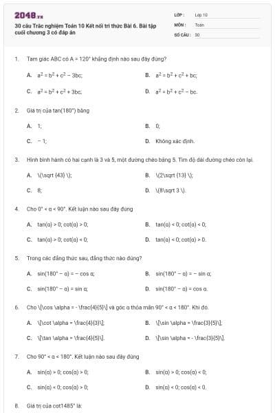 30 câu Trắc nghiệm Toán 10 Kết nối tri thức Bài 6. Bài tập cuối chương 3 có đáp án