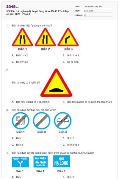 500 Câu trắc nghiệm lý thuyết bằng lái xe Mô tô A2 có đáp án năm 2025 - Phần 3