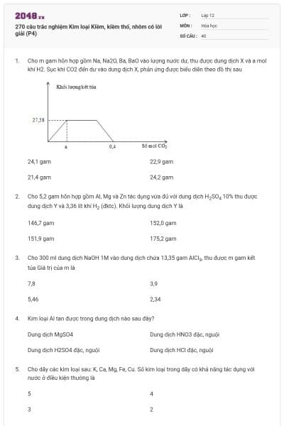 270 câu trắc nghiệm Kim loại Kiềm, kiềm thổ, nhôm có lời giải (P4)