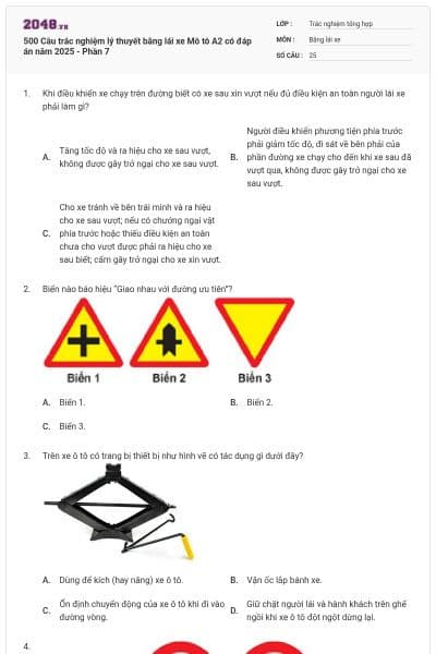 500 Câu trắc nghiệm lý thuyết bằng lái xe Mô tô A2 có đáp án năm 2025 - Phần 7