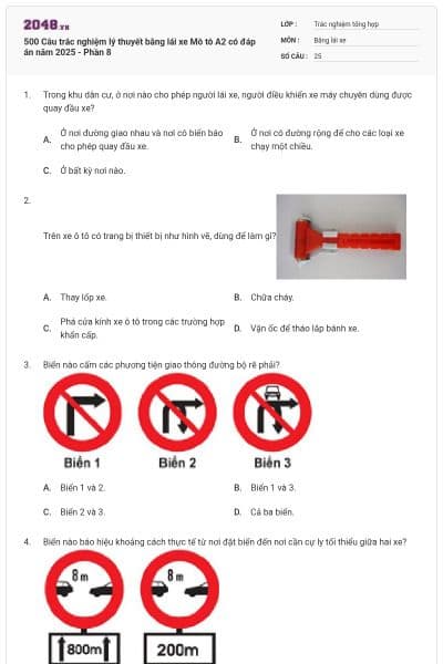 500 Câu trắc nghiệm lý thuyết bằng lái xe Mô tô A2 có đáp án năm 2025 - Phần 8