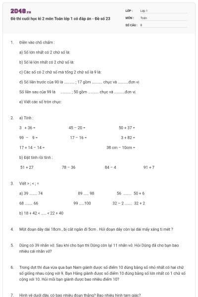 Đề thi cuối học kì 2 môn Toán lớp 1 có đáp án - Đề số 23