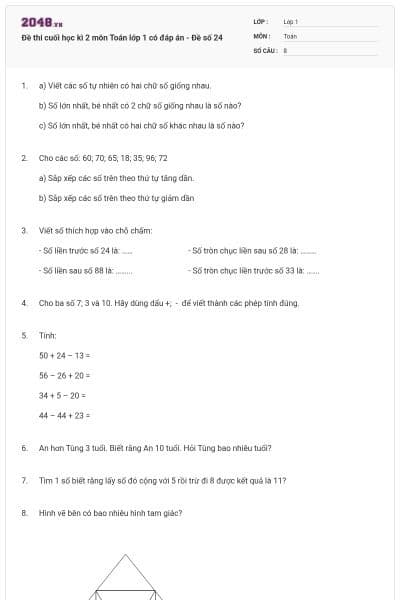 Đề thi cuối học kì 2 môn Toán lớp 1 có đáp án - Đề số 24